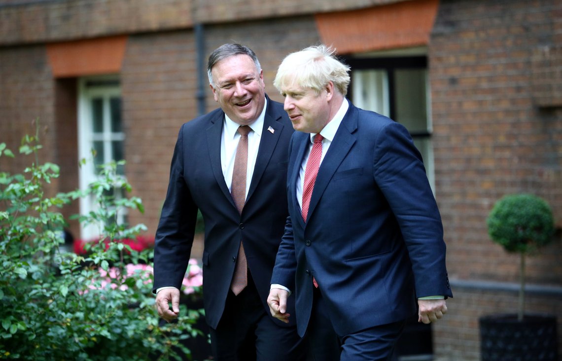 U.S. Secretary of State Mike Pompeo meets with Britain's Prime Minister Boris Johnson at Downing Street in London, Britain, July 21, 2020. REUTERS/Hannah McKay/Pool U.S. Secretary of State Mike Pompeo meets with Britain's Prime Minister Boris Johnson at Downing Street in London, Britain, July 21, 2020. REUTERS/Hannah McKay/Pool