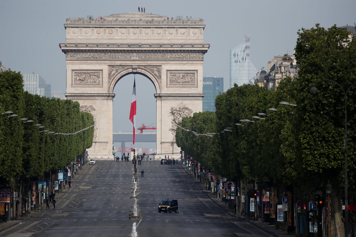 The empty Champs Elysee avenue and the Arc de Triomphe are pictured before ceremonies to mark the end of World War II, as the spread of the coronavirus disease (COVID-19) continues, in Paris, France May 8, 2020. Francois Mori/Pool via REUTERS The empty Champs Elysee avenue and the Arc de Triomphe are pictured before ceremonies to mark the end of World War II, as the spread of the coronavirus disease (COVID-19) continues, in Paris, France May 8, 2020. Francois Mori/Pool via REUTERS