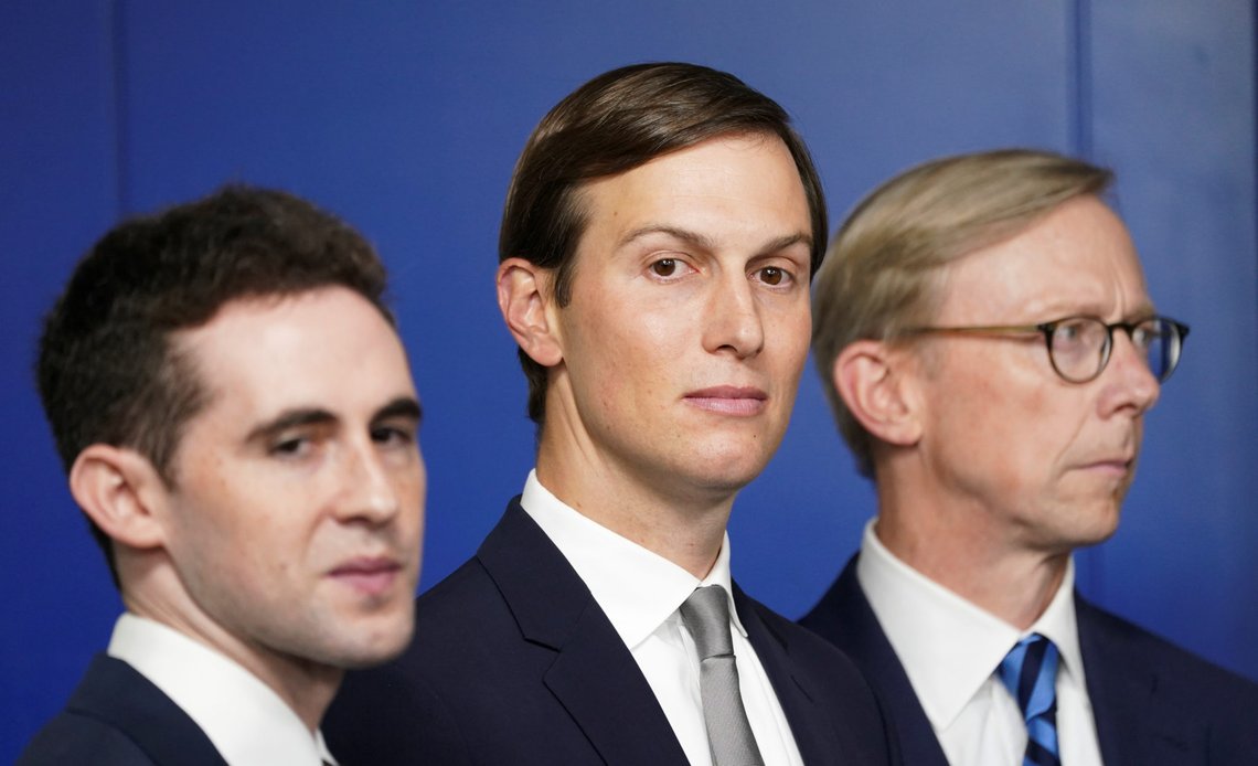 White House adviser Jared Kushner, flanked by aide Avi Berkowitz (L) and Brian Hook, former U.S. envoy to Iran, during a press briefing on the agreement between Israel and the United Arab Emirates at White House in Washington, U.S., August 13, 2020. REUTERS/Kevin Lamarque White House adviser Jared Kushner, flanked by aide Avi Berkowitz (L) and Brian Hook, former U.S. envoy to Iran, during a press briefing on the agreement between Israel and the United Arab Emirates at White House in Washington, U.S., August 13, 2020. REUTERS/Kevin Lamarque