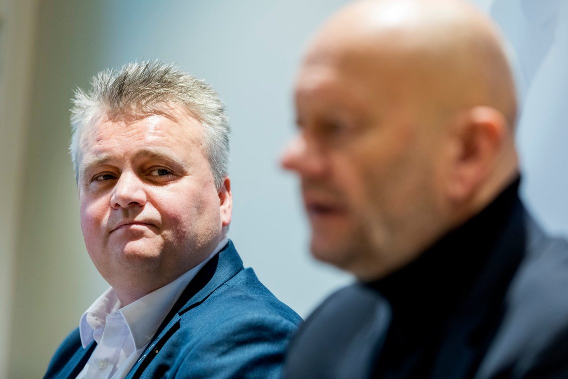 Oslo 20200310.
Administrerende direktør i Norsk Industri Stein Lier Hansen (t.h) og leder i Fellesforbundet Jørn Eggum under oppstarten av årets lønnsoppgjør.
Foto: Gorm Kallestad / NTB scanpix Oslo 20200310.
Administrerende direktør i Norsk Industri Stein Lier Hansen (t.h) og leder i Fellesforbundet Jørn Eggum under oppstarten av årets lønnsoppgjør.
Foto: Gorm Kallestad / NTB scanpix