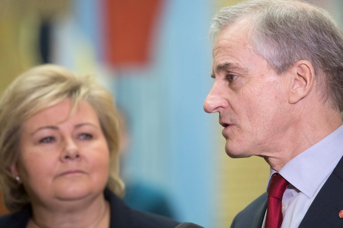 Oslo 20190206.
Statsminister Erna Solberg og Jonas Gahr Støre etter onsdagens spørretime.
Foto: Terje Bendiksby / NTB scanpix Oslo 20190206.
Statsminister Erna Solberg og Jonas Gahr Støre etter onsdagens spørretime.
Foto: Terje Bendiksby / NTB scanpix