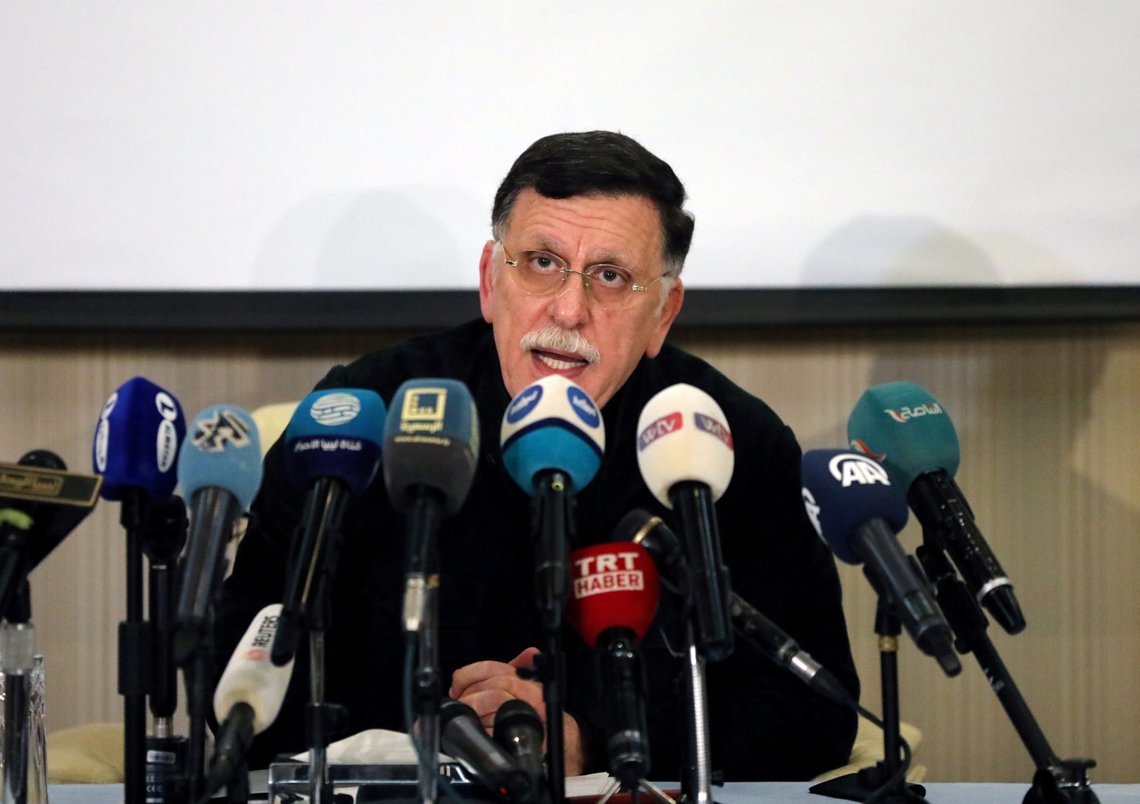 FILE PHOTO: Fayez Mustafa al-Sarraj, Libya's internationally recognised Prime Minister, speaks during a news conference in Tripoli, Libya February 15, 2020. REUTERS/Ismail Zitouny/File Photo FILE PHOTO: Fayez Mustafa al-Sarraj, Libya's internationally recognised Prime Minister, speaks during a news conference in Tripoli, Libya February 15, 2020. REUTERS/Ismail Zitouny/File Photo