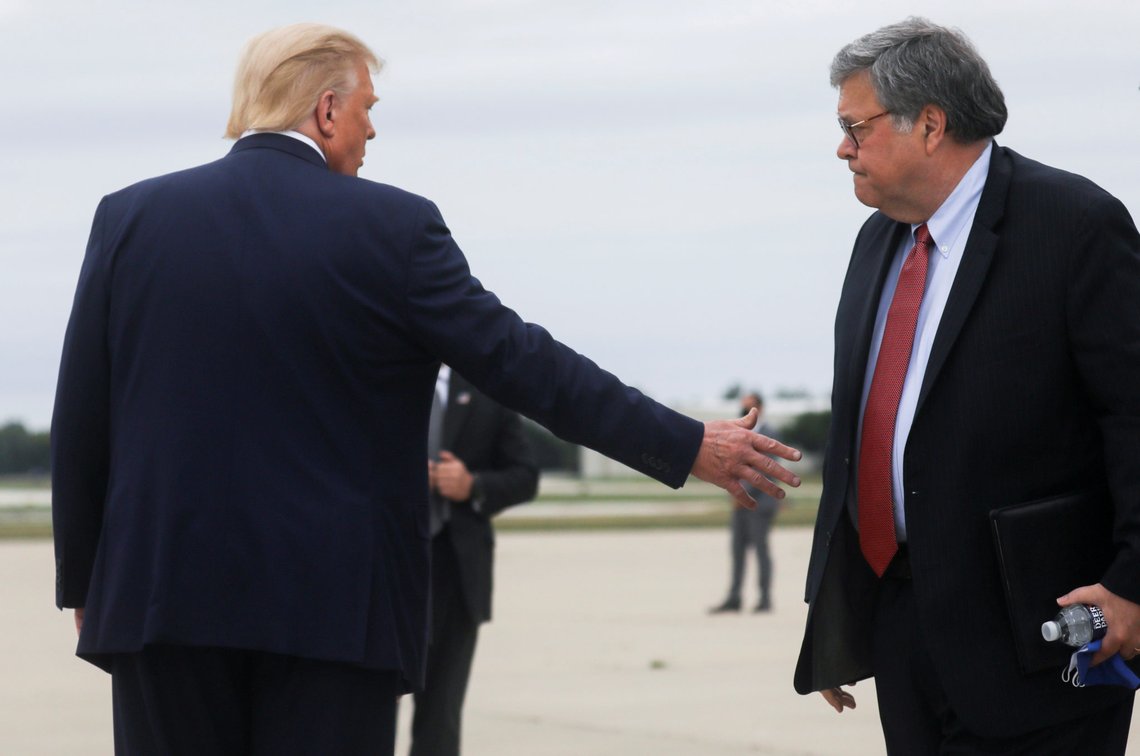 U.S. President Donald Trump reaches out to U.S. Attorney General Bill Barr as he disembarks from Air Force One on his way to Kenosha, Wisconsin after arriving at Waukegan National Airport in Waukegan, Illinois, U.S., September 1, 2020. REUTERS/Leah Millis TPX IMAGES OF THE DAY U.S. President Donald Trump reaches out to U.S. Attorney General Bill Barr as he disembarks from Air Force One on his way to Kenosha, Wisconsin after arriving at Waukegan National Airport in Waukegan, Illinois, U.S., September 1, 2020. REUTERS/Leah Millis TPX IMAGES OF THE DAY