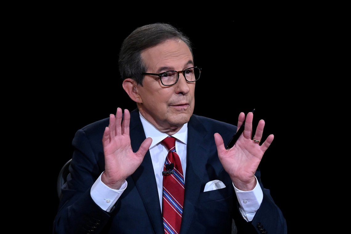 Debate moderator and Fox News anchor Chris Wallace directs the first 2020 presidential campaign debate between U.S. President Donald Trump and Democratic presidential nominee Joe Biden held on the campus of the Cleveland Clinic at Case Western Reserve University in Cleveland, Ohio, U.S., September 29, 2020. Olivier Douliery/Pool via REUTERS TPX IMAGES OF THE DAY Debate moderator and Fox News anchor Chris Wallace directs the first 2020 presidential campaign debate between U.S. President Donald Trump and Democratic presidential nominee Joe Biden held on the campus of the Cleveland Clinic at Case Western Reserve University in Cleveland, Ohio, U.S., September 29, 2020. Olivier Douliery/Pool via REUTERS TPX IMAGES OF THE DAY