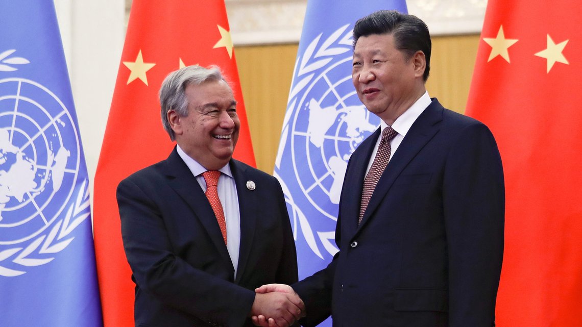 FILE PHOTO: United Nations Secretary General Antonio Guterres shakes hands with China's President Xi Jinping before proceeding to their bilateral meeting at the Great Hall of the People in Beijing, China September 2, 2018. Andy Wong/Pool via REUTERS/File Photo FILE PHOTO: United Nations Secretary General Antonio Guterres shakes hands with China's President Xi Jinping before proceeding to their bilateral meeting at the Great Hall of the People in Beijing, China September 2, 2018. Andy Wong/Pool via REUTERS/File Photo