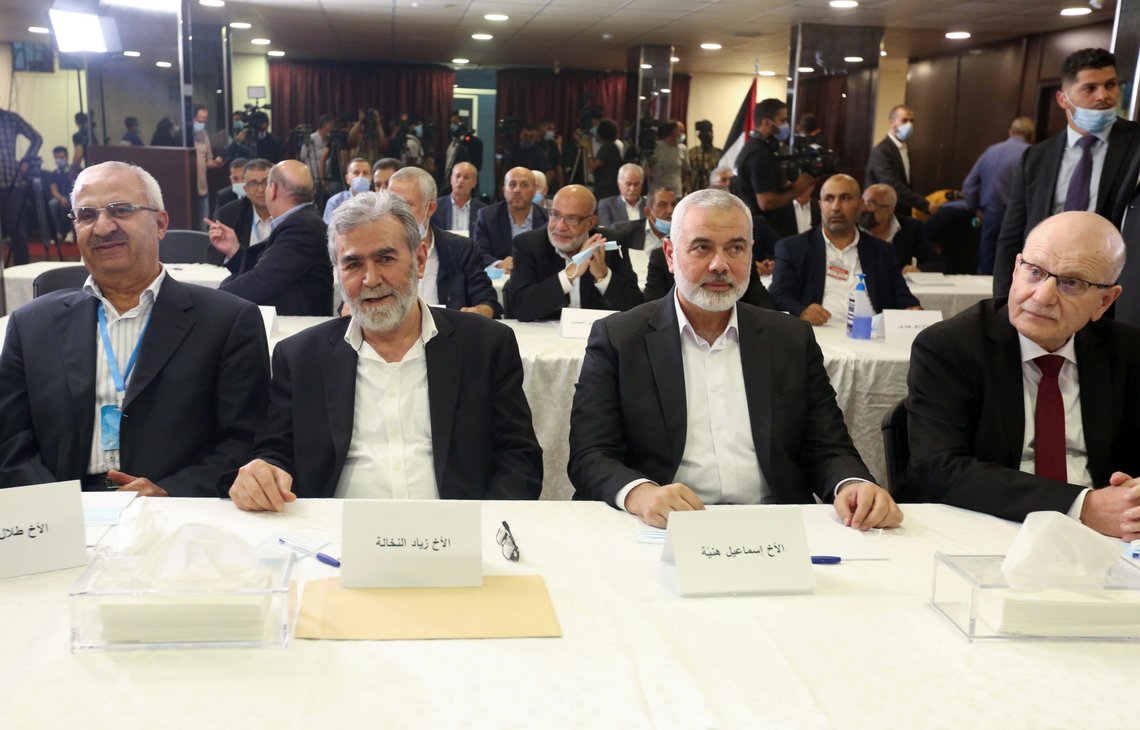 Hamas Chief Ismail Haniyeh, Islamic Jihad Chief Ziyad al-Nakhalah and leaders of Palestinian factions attend a meeting over Israel and the United Arab Emirates' deal to normalise ties, in Beirut, Lebanon September 3, 2020. REUTERS/Aziz Taher Hamas Chief Ismail Haniyeh, Islamic Jihad Chief Ziyad al-Nakhalah and leaders of Palestinian factions attend a meeting over Israel and the United Arab Emirates' deal to normalise ties, in Beirut, Lebanon September 3, 2020. REUTERS/Aziz Taher