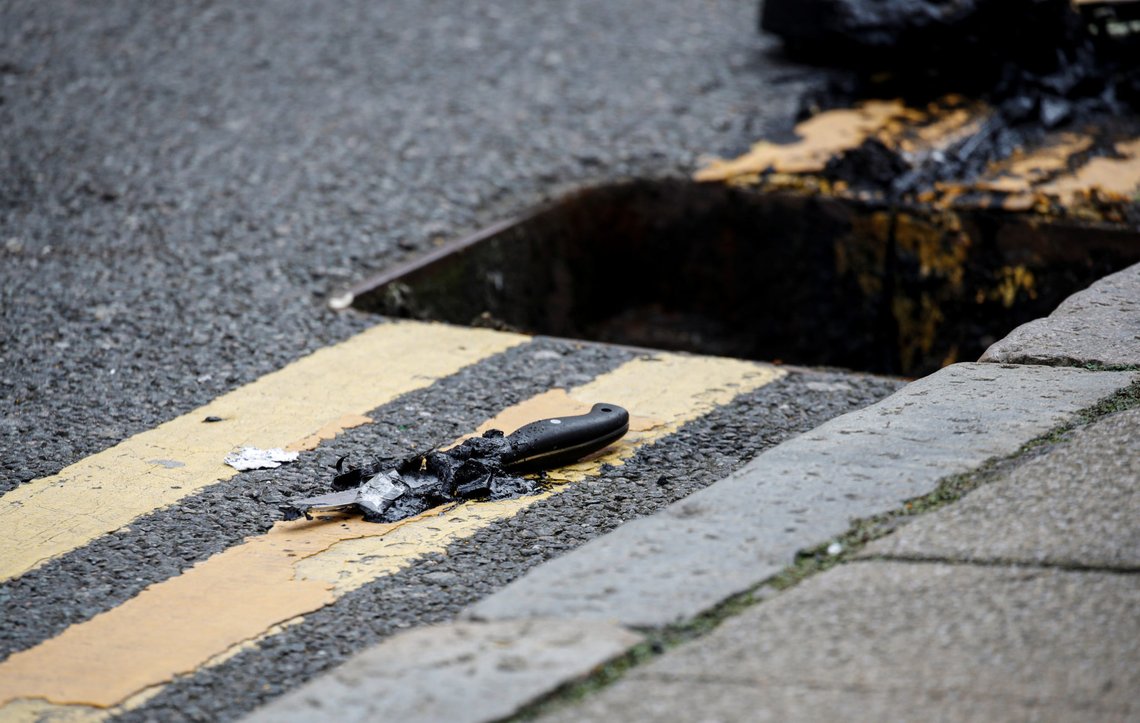 A knife lies on the pavement after being recovered by the police from a drain following reported stabbings in Birmingham, Britain, September 6, 2020. REUTERS/Phil Noble A knife lies on the pavement after being recovered by the police from a drain following reported stabbings in Birmingham, Britain, September 6, 2020. REUTERS/Phil Noble
