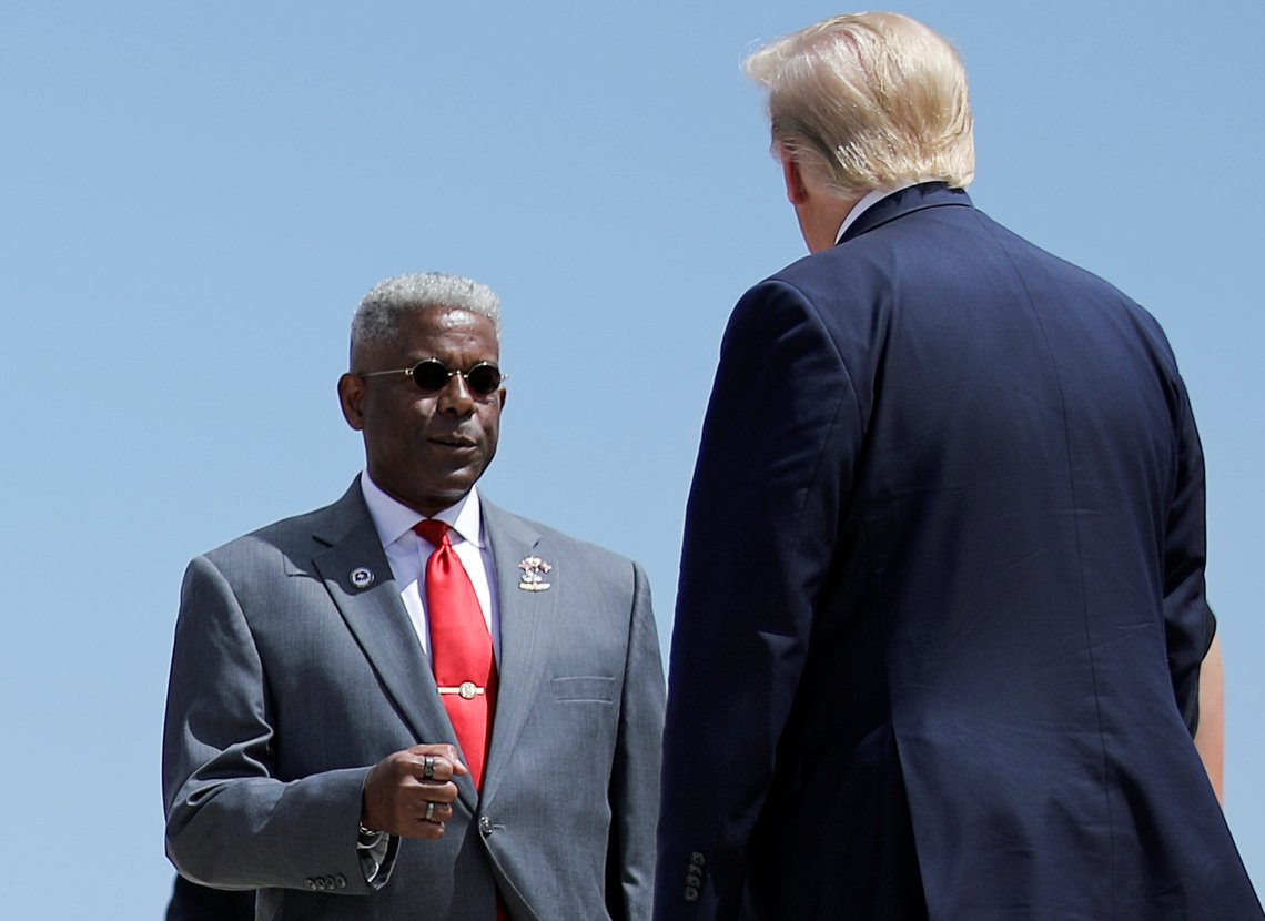 U.S. President Donald Trump is greeted by Texas State Chairman of the Republican Party Allen West as he arrives at Midland International Air and Space Port in Midland, Texas, U.S., July 29, 2020. REUTERS/Carlos Barria U.S. President Donald Trump is greeted by Texas State Chairman of the Republican Party Allen West as he arrives at Midland International Air and Space Port in Midland, Texas, U.S., July 29, 2020. REUTERS/Carlos Barria