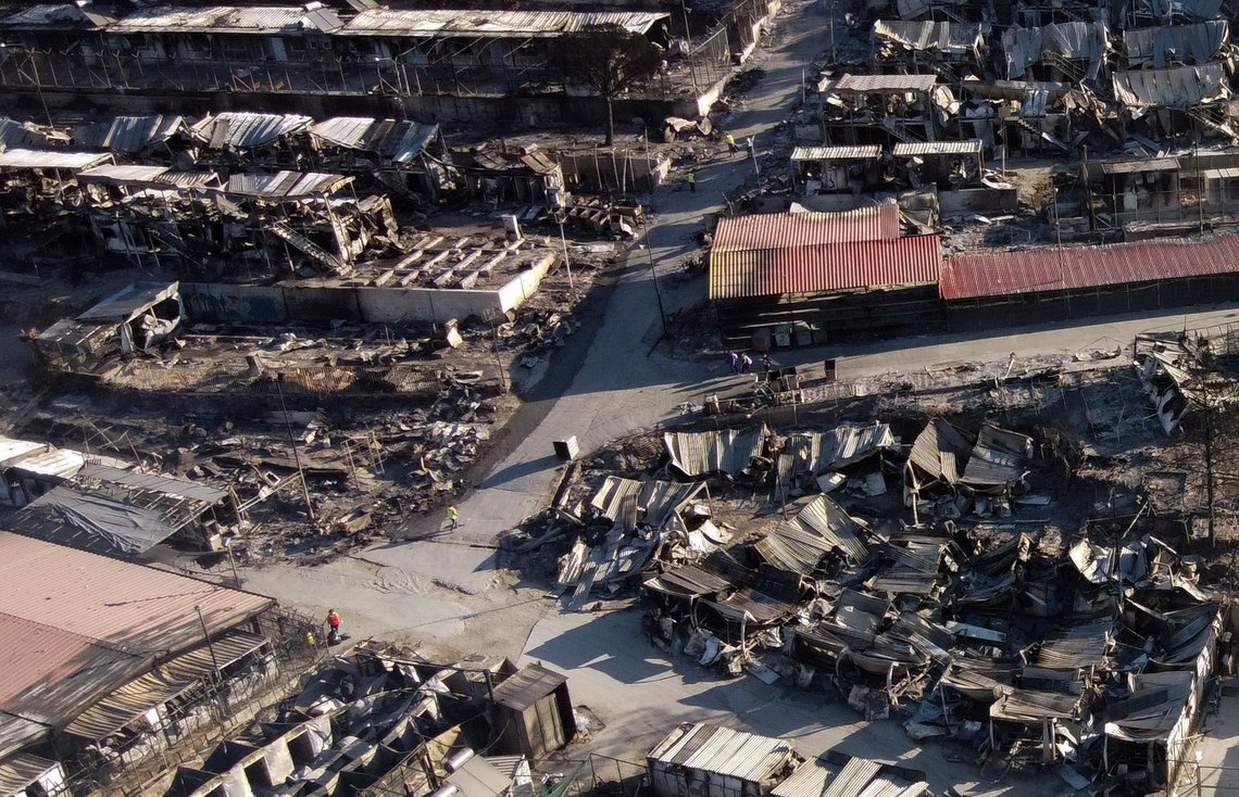 An aerial view of destroyed shelters following a fire at the Moria camp for refugees and migrants on the Island of Lesbos, Greece September 10, 2020. Picture taken with a drone. REUTERS/Alkis Konstantinidis An aerial view of destroyed shelters following a fire at the Moria camp for refugees and migrants on the Island of Lesbos, Greece September 10, 2020. Picture taken with a drone. REUTERS/Alkis Konstantinidis