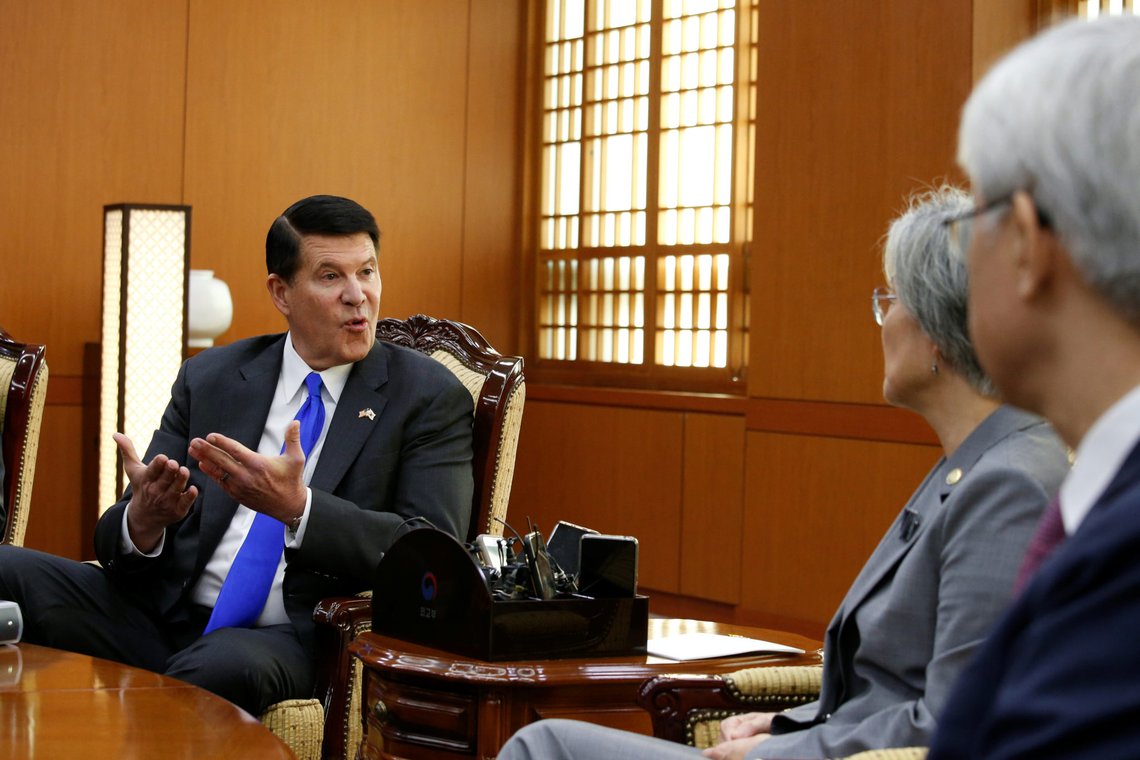 Keith Krach, under secretary for economic growth, energy and environment, talks with South Korea's Foreign Minister Kang Kyung-wha during their meeting at the Foreign Ministry in Seoul, South Korea, November 6, 2019. REUTERS/Heo Ran/Pool Keith Krach, under secretary for economic growth, energy and environment, talks with South Korea's Foreign Minister Kang Kyung-wha during their meeting at the Foreign Ministry in Seoul, South Korea, November 6, 2019. REUTERS/Heo Ran/Pool