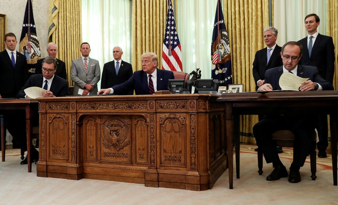 U.S. President Donald Trump speaks hosts a signing ceremony with Serbia's President Aleksandar Vucic and Kosovo's Prime Minister Avdullah Hoti at the White House in Washington, U.S., September 4, 2020. REUTERS/Leah Millis U.S. President Donald Trump speaks hosts a signing ceremony with Serbia's President Aleksandar Vucic and Kosovo's Prime Minister Avdullah Hoti at the White House in Washington, U.S., September 4, 2020. REUTERS/Leah Millis