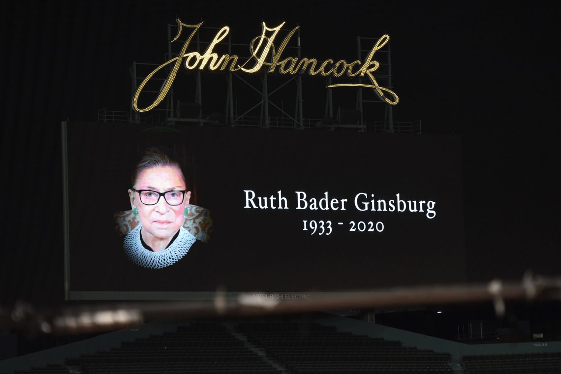 Sep 19, 2020; Boston, Massachusetts, USA; A tribute in honor of Court Justice Ruth Bader Ginsburg who passed away on Friday September 18th is seen on the center field Jumbotron prior to a game between the Boston Red Sox and New York Yankees at Fenway Park. Mandatory Credit: Bob DeChiara-USA TODAY Sports Sep 19, 2020; Boston, Massachusetts, USA; A tribute in honor of Court Justice Ruth Bader Ginsburg who passed away on Friday September 18th is seen on the center field Jumbotron prior to a game between the Boston Red Sox and New York Yankees at Fenway Park. Mandatory Credit: Bob DeChiara-USA TODAY Sports
