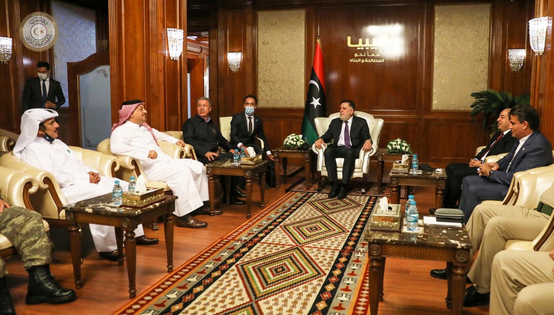 Libya's internationally recognised Prime Minister Fayez al-Sarraj meets with defence ministers of Turkey, Hulusi Akar, and Qatar, Khalid bin Mohammad Al-Attiyah, in Tripoli, Libya August 17, 2020. The Media Office of the Prime Minister/Handout via REUTERS ATTENTION EDITORS - THIS IMAGE WAS PROVIDED BY A THIRD PARTY. Libya's internationally recognised Prime Minister Fayez al-Sarraj meets with defence ministers of Turkey, Hulusi Akar, and Qatar, Khalid bin Mohammad Al-Attiyah, in Tripoli, Libya August 17, 2020. The Media Office of the Prime Minister/Handout via REUTERS ATTENTION EDITORS - THIS IMAGE WAS PROVIDED BY A THIRD PARTY.