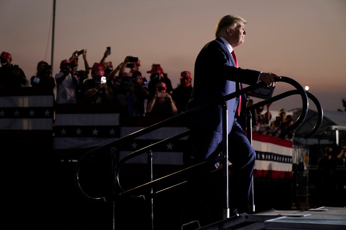 President Donald Trump arrives to speak at a rally at Minden-Tahoe Airport in Minden, Nev., Saturday, Sept. 12, 2020. (AP Photo/Andrew Harnik) President Donald Trump arrives to speak at a rally at Minden-Tahoe Airport in Minden, Nev., Saturday, Sept. 12, 2020. (AP Photo/Andrew Harnik)