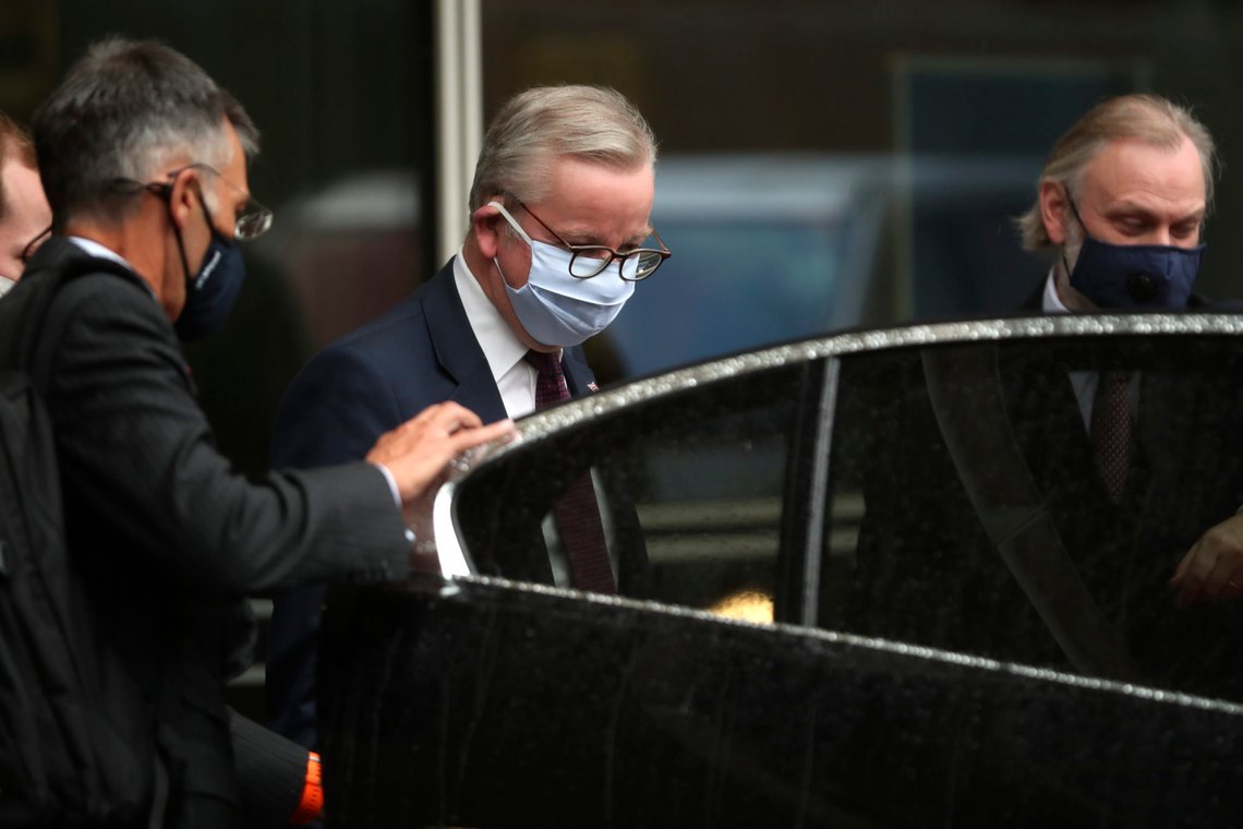 Chancellor of the Duchy of Lancaster Michael Gove, center, leaves the third meeting of the EU-UK Joint Committee at EU headquarters in Brussels, Monday, Sept. 28, 2020. Chancellor of the Duchy of Lancaster Michael Gove on Monday met with Vice-President of the European Commission in charge of Inter-institutional relations and Foresight Maros Sefcovic, while EU chief Brexit negotiator Michel Barnier joined by videoconference. (AP Photo/Francisco Seco) Chancellor of the Duchy of Lancaster Michael Gove, center, leaves the third meeting of the EU-UK Joint Committee at EU headquarters in Brussels, Monday, Sept. 28, 2020. Chancellor of the Duchy of Lancaster Michael Gove on Monday met with Vice-President of the European Commission in charge of Inter-institutional relations and Foresight Maros Sefcovic, while EU chief Brexit negotiator Michel Barnier joined by videoconference. (AP Photo/Francisco Seco)