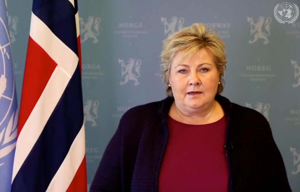 In this image made from UNTV video, Erna Solberg, Prime Minister, Norway, speaks in a pre-recorded message which was played during the 75th session of the United Nations General Assembly, Saturday, Sept. 26, 2020, at U.N. headquarters in New York. (UNTV via AP0 In this image made from UNTV video, Erna Solberg, Prime Minister, Norway, speaks in a pre-recorded message which was played during the 75th session of the United Nations General Assembly, Saturday, Sept. 26, 2020, at U.N. headquarters in New York. (UNTV via AP0