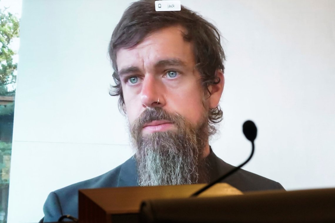 Twitter CEO Jack Dorsey appears on a screen as he speaks remotely during a hearing before the Senate Commerce Committee on Capitol Hill, Wednesday, Oct. 28, 2020, in Washington. The committee summoned the CEOs of Twitter, Facebook and Google to testify during the hearing. (Greg Nash/Pool via AP) Twitter CEO Jack Dorsey appears on a screen as he speaks remotely during a hearing before the Senate Commerce Committee on Capitol Hill, Wednesday, Oct. 28, 2020, in Washington. The committee summoned the CEOs of Twitter, Facebook and Google to testify during the hearing. (Greg Nash/Pool via AP)