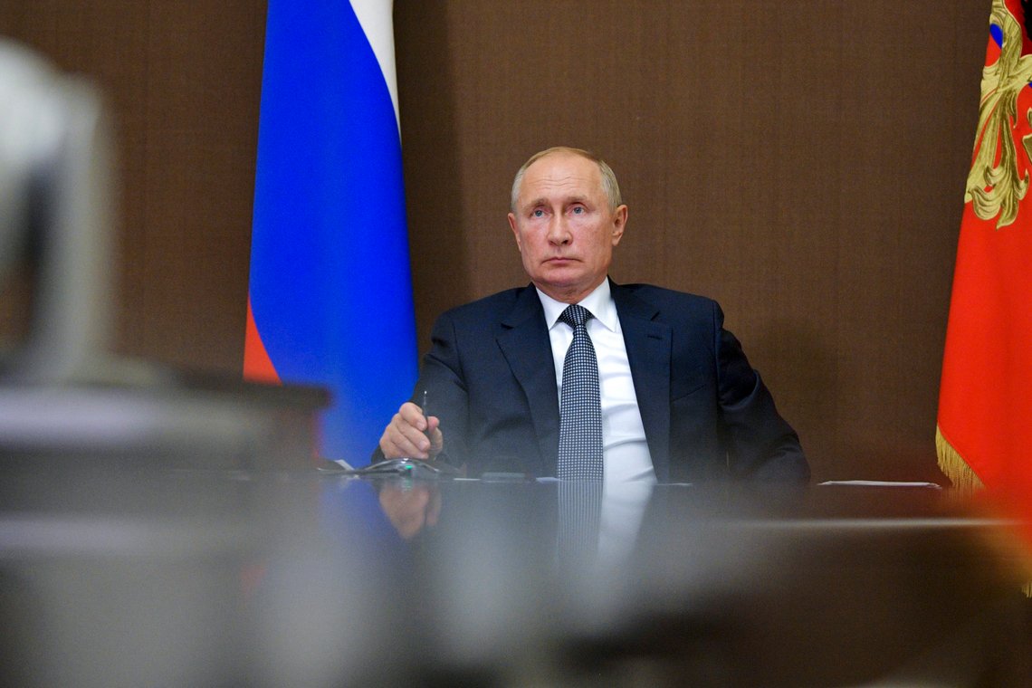 Russian President Vladimir Putin attends a meeting via video conference in the Bocharov Ruchei residence in the Black Sea resort of Sochi, Russia, Monday, Sept. 28, 2020. (Alexei Druzhinin, Sputnik, Kremlin Pool Photo via AP) Russian President Vladimir Putin attends a meeting via video conference in the Bocharov Ruchei residence in the Black Sea resort of Sochi, Russia, Monday, Sept. 28, 2020. (Alexei Druzhinin, Sputnik, Kremlin Pool Photo via AP)