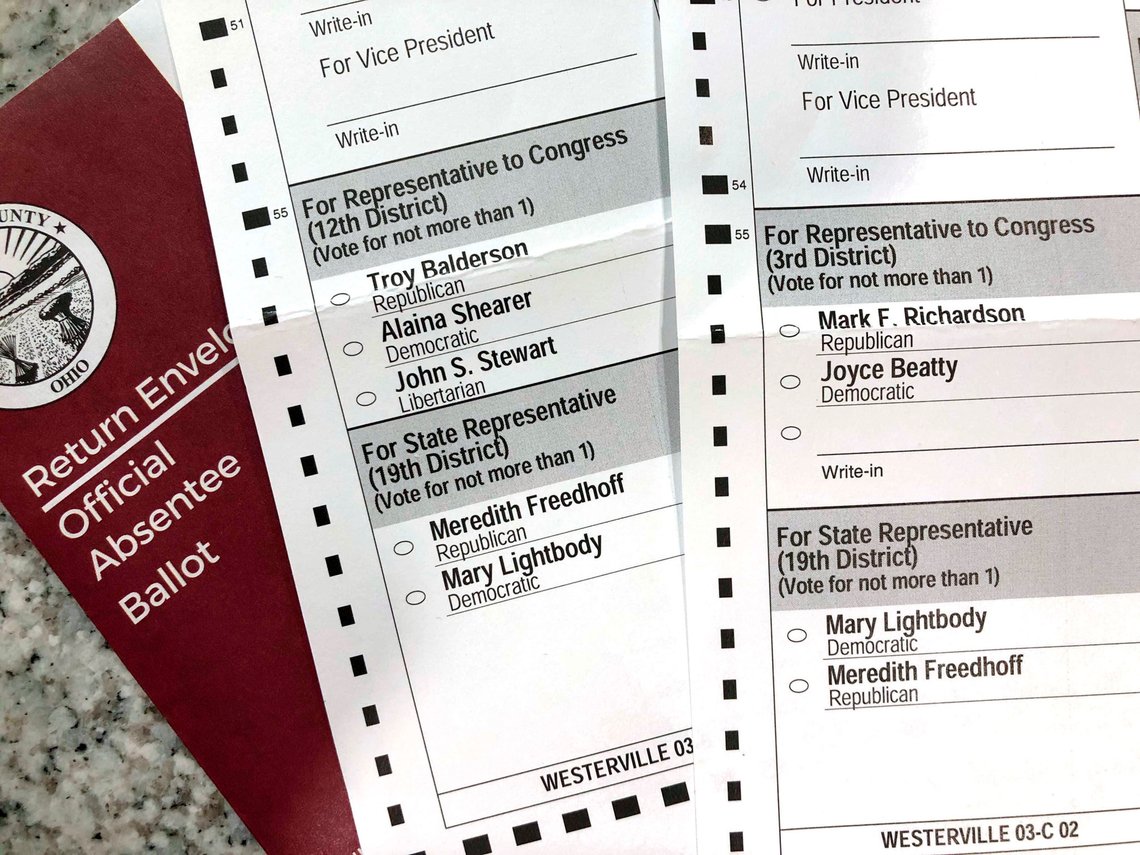 This photo made on Oct. 6, 2020, in Westerville, Ohio, shows Ohio absentee ballots. Two voters registered at the same address in the Columbus suburb of Westerville, Ohio, were mailed these differing absentee ballots for the 2020 general election, with one of the ballots listing candidates from a different congressional district. (AP Photo/Kantele Franko) This photo made on Oct. 6, 2020, in Westerville, Ohio, shows Ohio absentee ballots. Two voters registered at the same address in the Columbus suburb of Westerville, Ohio, were mailed these differing absentee ballots for the 2020 general election, with one of the ballots listing candidates from a different congressional district. (AP Photo/Kantele Franko)