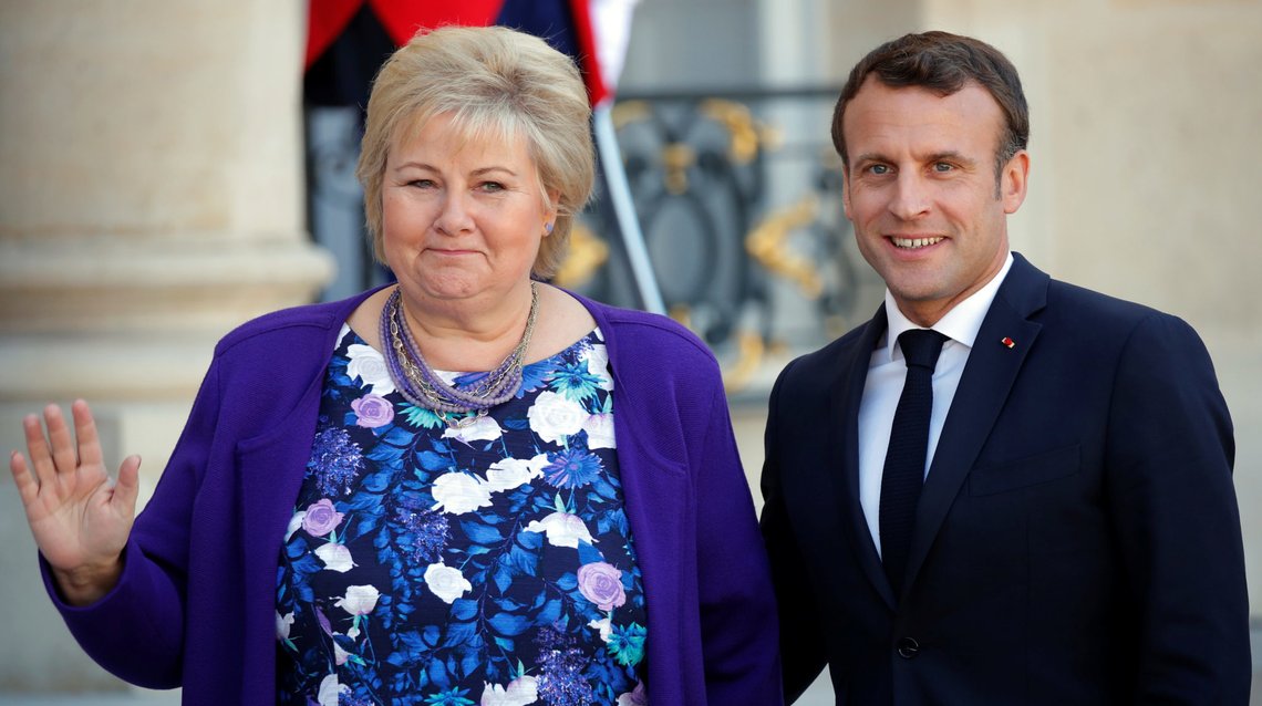 French President Emmanuel Macron welcomes Norwegian Prime Minister Erna Solberg as she arrives for a meeting ahead of the launching of the 'Christchurch Appeal' against terrorism at the Elysee Palace in Paris, France, May 15, 2019. REUTERS/Charles Platiau French President Emmanuel Macron welcomes Norwegian Prime Minister Erna Solberg as she arrives for a meeting ahead of the launching of the 'Christchurch Appeal' against terrorism at the Elysee Palace in Paris, France, May 15, 2019. REUTERS/Charles Platiau