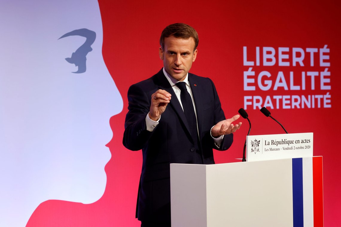 French President Emmanuel Macron delivers a speech to present his strategy to fight separatism, in Les Mureaux, near Paris, France October 2, 2020. Ludovic Marin/Pool via REUTERS French President Emmanuel Macron delivers a speech to present his strategy to fight separatism, in Les Mureaux, near Paris, France October 2, 2020. Ludovic Marin/Pool via REUTERS