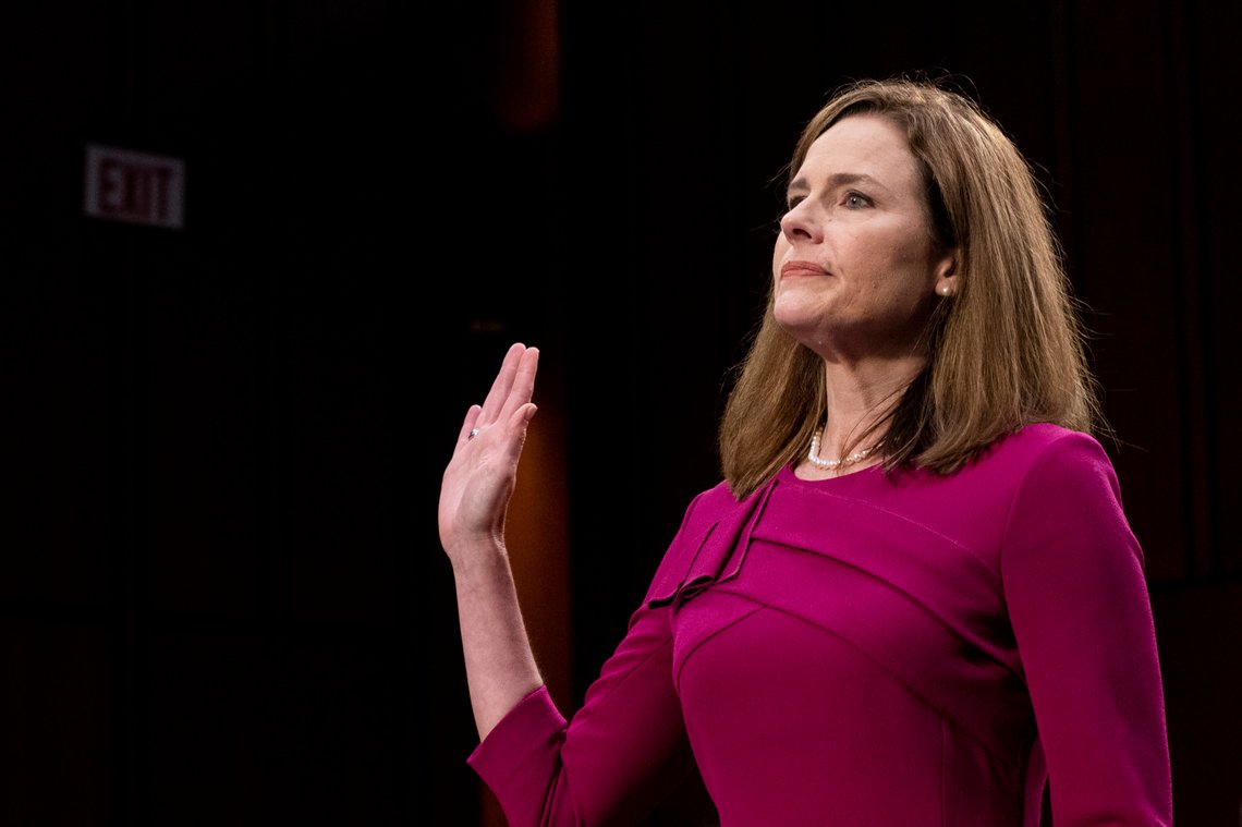 Supreme Court nominee Amy Coney Barrett is sworn in during her Senate Judiciary Committee confirmation hearing on Capitol Hill in Washington, Monday, Oct. 12, 2020. (Erin Schaff/The New York Times via AP, Pool) Supreme Court nominee Amy Coney Barrett is sworn in during her Senate Judiciary Committee confirmation hearing on Capitol Hill in Washington, Monday, Oct. 12, 2020. (Erin Schaff/The New York Times via AP, Pool)