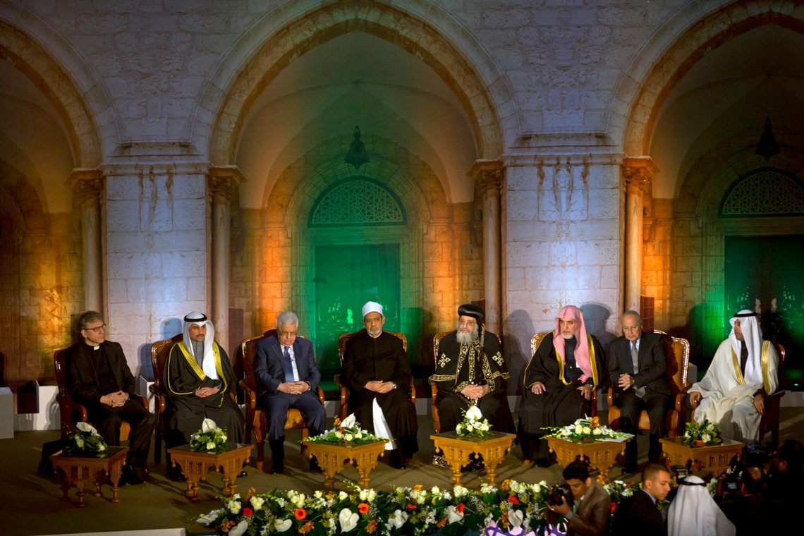 From left to right, Secretary-General of the World Council of Churches Olav Fykse Tveit, Kuwait's parliament speaker, Marzouq Al Ghanim, Palestinian President Mahmoud Abbas, Grand Imam of Al-Azhar, Sheikh Ahmed el-Tayeb, Pope Tawadros II, spiritual leader of Egypt's Orthodox Christians, Saudi minister of Islamic affairs Saleh Bin Abdelaziz Al-Sheikh, Arab League Secretary-General, Ahmed Aboul Gheit, the speaker of the Arab Parliament, Meshal al-Selmi, attend a conference on Jerusalem at the Al-Azhar Conference Center, in Cairo, Egypt, Wednesday, Jan. 17, 2018. Abbas blasted Trump again over Jerusalem, saying the U.S. leader's decision to recognize contested Jerusalem as Israel's capital was "sinful." (AP Photo/Amr Nabil) From left to right, Secretary-General of the World Council of Churches Olav Fykse Tveit, Kuwait's parliament speaker, Marzouq Al Ghanim, Palestinian President Mahmoud Abbas, Grand Imam of Al-Azhar, Sheikh Ahmed el-Tayeb, Pope Tawadros II, spiritual leader of Egypt's Orthodox Christians, Saudi minister of Islamic affairs Saleh Bin Abdelaziz Al-Sheikh, Arab League Secretary-General, Ahmed Aboul Gheit, the speaker of the Arab Parliament, Meshal al-Selmi, attend a conference on Jerusalem at the Al-Azhar Conference Center, in Cairo, Egypt, Wednesday, Jan. 17, 2018. Abbas blasted Trump again over Jerusalem, saying the U.S. leader's decision to recognize contested Jerusalem as Israel's capital was "sinful." (AP Photo/Amr Nabil)