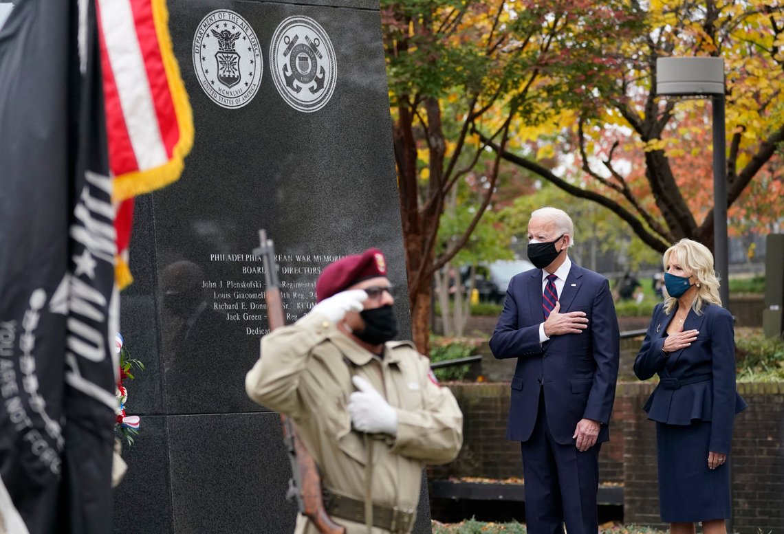President-elect Joe Biden and Jill Biden, attend a service at the Philadelphia Korean War Memorial at Penn's Landing on Veterans Day, Wednesday, Nov. 11, 2020, in Philadelphia. (AP Photo/Alex Brandon) President-elect Joe Biden and Jill Biden, attend a service at the Philadelphia Korean War Memorial at Penn's Landing on Veterans Day, Wednesday, Nov. 11, 2020, in Philadelphia. (AP Photo/Alex Brandon)