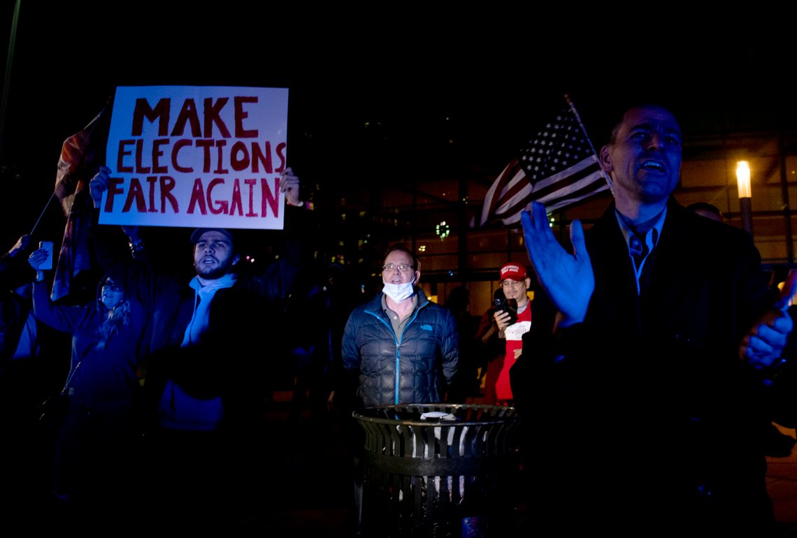 Supporters of U.S. President Donald Trump protest outside the Central Counting Board hall Thursday, Nov. 5, 2020, in Detroit. (Nicole Hester/Ann Arbor News via AP) Supporters of U.S. President Donald Trump protest outside the Central Counting Board hall Thursday, Nov. 5, 2020, in Detroit. (Nicole Hester/Ann Arbor News via AP)