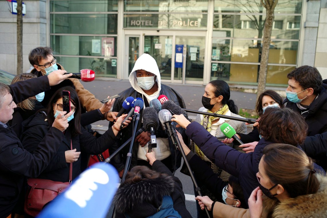 Music producer identified only by his first name, Michel, answers to media, before going to the Inspectorate General of the National Police, known by its French acronym IGPN, in Paris, Thursday, Nov. 26, 2020. French Interior Minister Gerald Darmanin ordered several Paris police officers suspended after the publication of videos showing them beating up a Black man and using tear gas against him with no apparent reason. (AP Photo/Thibault Camus) Music producer identified only by his first name, Michel, answers to media, before going to the Inspectorate General of the National Police, known by its French acronym IGPN, in Paris, Thursday, Nov. 26, 2020. French Interior Minister Gerald Darmanin ordered several Paris police officers suspended after the publication of videos showing them beating up a Black man and using tear gas against him with no apparent reason. (AP Photo/Thibault Camus)