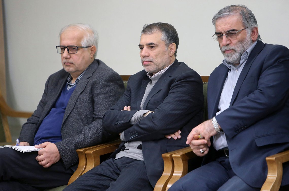 In this picture released by the official website of the office of the Iranian supreme leader, Mohsen Fakhrizadeh, right, sits in a meeting with Supreme Leader Ayatollah Ali Khamenei in Tehran, Iran, Jan. 23, 2019. Fakhrizadeh, an Iranian scientist that Israel alleged led the Islamic Republic's military nuclear program until its disbanding in the early 2000s was killed in a targeted attack that saw gunmen use explosives and machine gun fire Friday Nov. 27, 2020, state television said. Two others are unidentified. (Office of the Iranian Supreme Leader via AP) In this picture released by the official website of the office of the Iranian supreme leader, Mohsen Fakhrizadeh, right, sits in a meeting with Supreme Leader Ayatollah Ali Khamenei in Tehran, Iran, Jan. 23, 2019. Fakhrizadeh, an Iranian scientist that Israel alleged led the Islamic Republic's military nuclear program until its disbanding in the early 2000s was killed in a targeted attack that saw gunmen use explosives and machine gun fire Friday Nov. 27, 2020, state television said. Two others are unidentified. (Office of the Iranian Supreme Leader via AP)