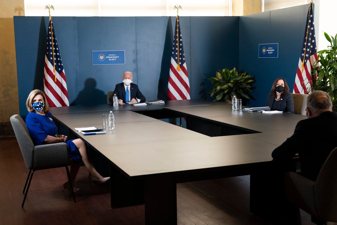 President-elect Joe Biden, speaks during a meeting with Vice President-elect Kamala Harris, right, Senate Minority Leader Chuck Schumer of N.Y., and House Speaker Nancy Pelosi of Calif., left, Friday, Nov. 20, 2020, in Wilmington, Del. (AP Photo/Alex Brandon) President-elect Joe Biden, speaks during a meeting with Vice President-elect Kamala Harris, right, Senate Minority Leader Chuck Schumer of N.Y., and House Speaker Nancy Pelosi of Calif., left, Friday, Nov. 20, 2020, in Wilmington, Del. (AP Photo/Alex Brandon)