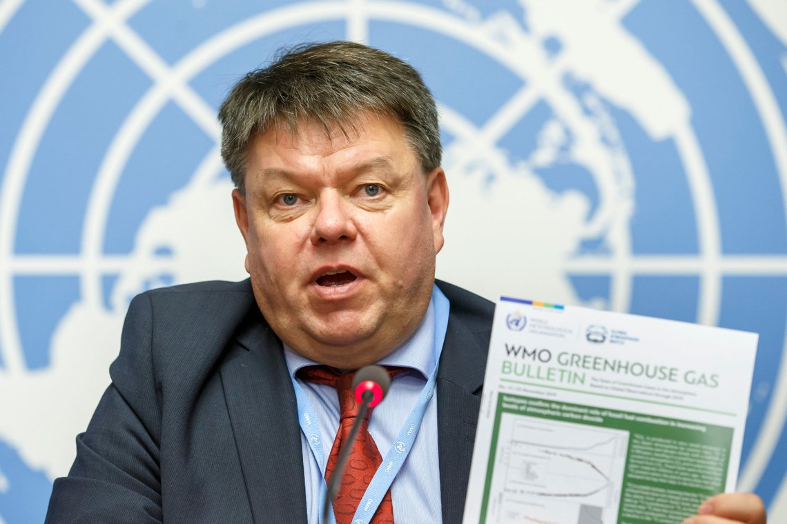 Petteri Taalas, Secretary-General of the World Meteorological Organization, WMO, informs to the media about the annual report by WMO on atmospheric concentrations of carbon dioxide and other major greenhouse gases during a press conference, at the European headquarters of the United Nations in Geneva, Switzerland, Monday, Nov. 25, 2019. (Salvatore Di Nolfi/Keystone via AP) Petteri Taalas, Secretary-General of the World Meteorological Organization, WMO, informs to the media about the annual report by WMO on atmospheric concentrations of carbon dioxide and other major greenhouse gases during a press conference, at the European headquarters of the United Nations in Geneva, Switzerland, Monday, Nov. 25, 2019. (Salvatore Di Nolfi/Keystone via AP)