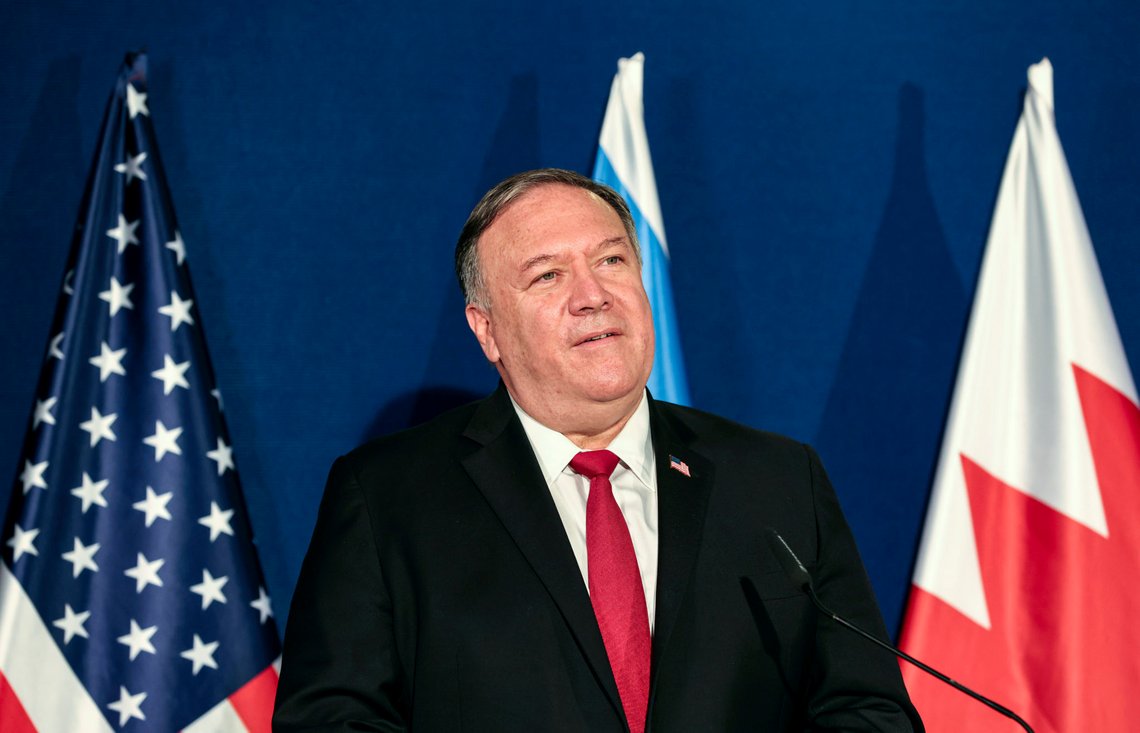 U.S. Secretary of State Mike Pompeo looks on during a press conference with Israeli Prime Minister Benjamin Netanyahu and Bahrain's Foreign Minister Abdullatif bin Rashid Alzayani after their trilateral meeting in Jerusalem on Wednesday, Nov. 18, 2020. (Menahem Kahana/Pool via AP) U.S. Secretary of State Mike Pompeo looks on during a press conference with Israeli Prime Minister Benjamin Netanyahu and Bahrain's Foreign Minister Abdullatif bin Rashid Alzayani after their trilateral meeting in Jerusalem on Wednesday, Nov. 18, 2020. (Menahem Kahana/Pool via AP)