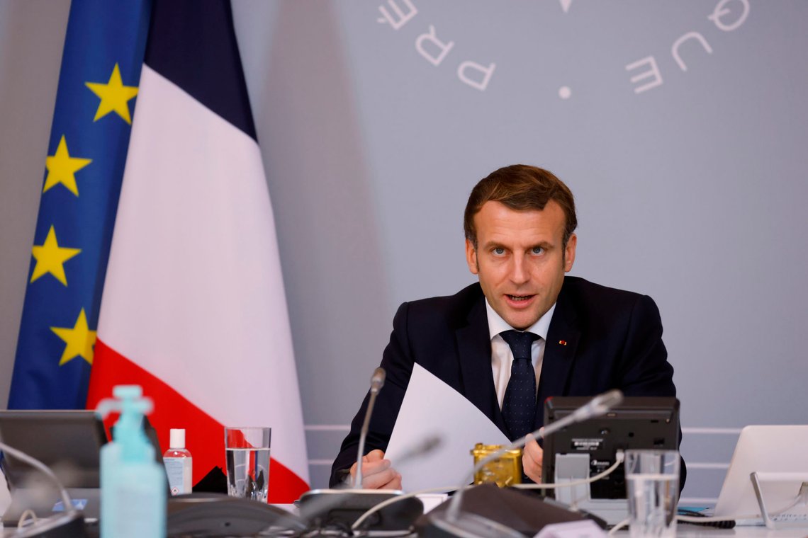 French President Emmanuel Macron speaks during a videoconference with representatives of the sporting world at the Elysee Palace in Paris, Tuesday, Nov. 17, 2020. (Ludovic Marin, Pool via AP) French President Emmanuel Macron speaks during a videoconference with representatives of the sporting world at the Elysee Palace in Paris, Tuesday, Nov. 17, 2020. (Ludovic Marin, Pool via AP)