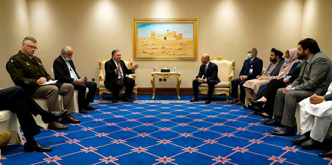 Secretary of State Mike Pompeo meets with Afghanistan's State Minister for Peace Sayed Sadat Mansoor Naderi and the Islamic Republic of Afghanistan's peace negotiation team amid talks between the Afghan government and the Taliban, Saturday, Nov. 21, 2020, in Doha, Qatar. (AP Photo/Patrick Semansky, Pool) Secretary of State Mike Pompeo meets with Afghanistan's State Minister for Peace Sayed Sadat Mansoor Naderi and the Islamic Republic of Afghanistan's peace negotiation team amid talks between the Afghan government and the Taliban, Saturday, Nov. 21, 2020, in Doha, Qatar. (AP Photo/Patrick Semansky, Pool)