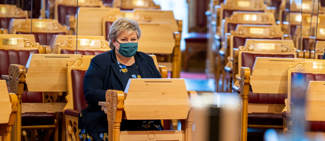 Oslo 20201118.
Statsminister Erna Solberg under den muntlige spørretimen på Stortinget onsdag.
Foto: Heiko Junge / NTB Oslo 20201118.
Statsminister Erna Solberg under den muntlige spørretimen på Stortinget onsdag.
Foto: Heiko Junge / NTB