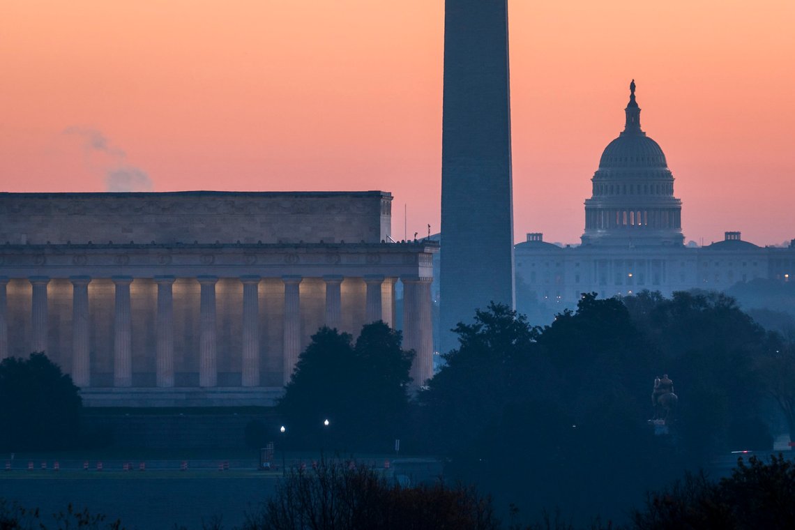 The skyline is seen at dawn in Washington on the morning after Election Day, Wednesday, Nov. 4, 2020. From left are the Lincoln Memorial, the Washington Monument, and the U.S. Capitol. (AP Photo/J. Scott Applewhite) The skyline is seen at dawn in Washington on the morning after Election Day, Wednesday, Nov. 4, 2020. From left are the Lincoln Memorial, the Washington Monument, and the U.S. Capitol. (AP Photo/J. Scott Applewhite)