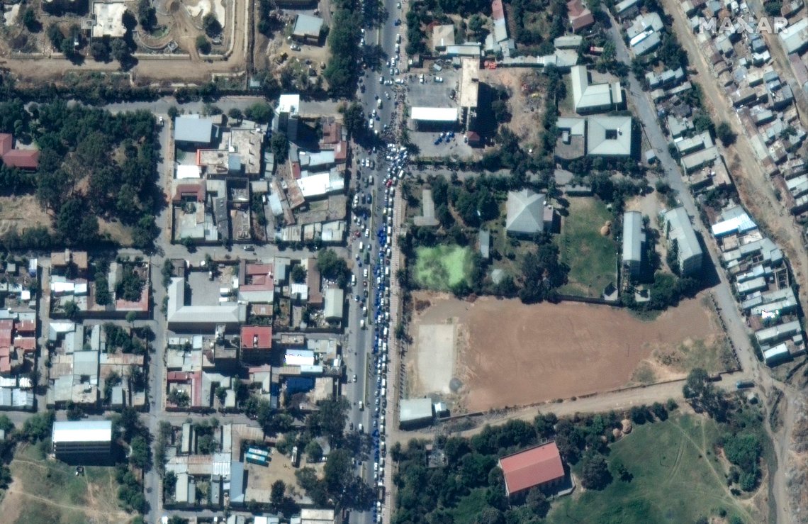 This satellite image taken Monday, Nov. 23, 2020 and released by Maxar Technologies, shows vehicles queuing for fuel in Mekele, the capital of the Tigray region of Ethiopia. Ethiopia's prime minister is rejecting growing international consensus for dialogue and a halt to deadly fighting in the Tigray region as "unwelcome," saying his country will handle the conflict on its own as a 72-hour surrender ultimatum runs out on Wednesday. (Maxar Technologies via AP) This satellite image taken Monday, Nov. 23, 2020 and released by Maxar Technologies, shows vehicles queuing for fuel in Mekele, the capital of the Tigray region of Ethiopia. Ethiopia's prime minister is rejecting growing international consensus for dialogue and a halt to deadly fighting in the Tigray region as "unwelcome," saying his country will handle the conflict on its own as a 72-hour surrender ultimatum runs out on Wednesday. (Maxar Technologies via AP)
