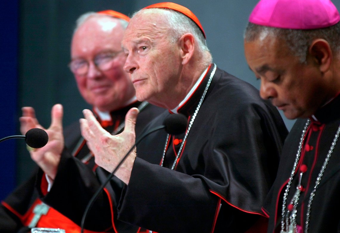 FILE - In this April 24, 2002 file photo, Cardinal James Francis Stafford, left, Pontifical Council for the Laity at the Vatican, Cardinal Theodore Edgar McCarrick of Washington, D.C., center, and United States Catholic Bishops' Conference President Wilton Gregory of Belleville, Ill., attend a news conference at the Vatican concluding a two-day meeting between Pope John Paul II and US cardinals at the Vatican. After an extraordinary meeting sparked by a sex abuse scandal, American Roman Catholic leaders agreed to make it easier to remove priests guilty of sexually abusing minors - but they stopped short of a zero-tolerance policy to dismiss all abusive priests. (AP Photo/Pier Paolo Cito, File) FILE - In this April 24, 2002 file photo, Cardinal James Francis Stafford, left, Pontifical Council for the Laity at the Vatican, Cardinal Theodore Edgar McCarrick of Washington, D.C., center, and United States Catholic Bishops' Conference President Wilton Gregory of Belleville, Ill., attend a news conference at the Vatican concluding a two-day meeting between Pope John Paul II and US cardinals at the Vatican. After an extraordinary meeting sparked by a sex abuse scandal, American Roman Catholic leaders agreed to make it easier to remove priests guilty of sexually abusing minors - but they stopped short of a zero-tolerance policy to dismiss all abusive priests. (AP Photo/Pier Paolo Cito, File)