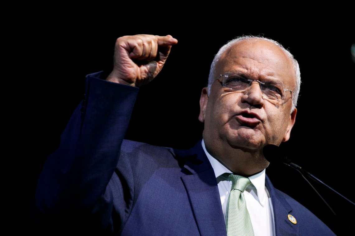 FILE - In this Oct. 28, 2019 file photo, Chief Palestinian negotiator Saeb Erekat speaks at the J Street National Conference, in Washington. Erekat on Monday, Oct. 19, 2020, was in critical condition and breathing with a ventilator after his coronavirus infection worsened overnight, said the Israeli hospital treating him. Hadassah Medical Center described Erekat's case as extremely challenging given his history of health problems, including a lung transplant performed in the United States three years ago. (AP Photo/Jacquelyn Martin, File) FILE - In this Oct. 28, 2019 file photo, Chief Palestinian negotiator Saeb Erekat speaks at the J Street National Conference, in Washington. Erekat on Monday, Oct. 19, 2020, was in critical condition and breathing with a ventilator after his coronavirus infection worsened overnight, said the Israeli hospital treating him. Hadassah Medical Center described Erekat's case as extremely challenging given his history of health problems, including a lung transplant performed in the United States three years ago. (AP Photo/Jacquelyn Martin, File)