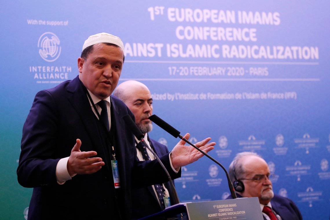 Imam Hassen Chalghoumi delivers the opening speech with a group of Imams from Europe during the first day of the European Conference of Imams Against Radicalization in Paris, Tuesday Feb. 18, 2020. (AP Photo/Francois Mori) Imam Hassen Chalghoumi delivers the opening speech with a group of Imams from Europe during the first day of the European Conference of Imams Against Radicalization in Paris, Tuesday Feb. 18, 2020. (AP Photo/Francois Mori)