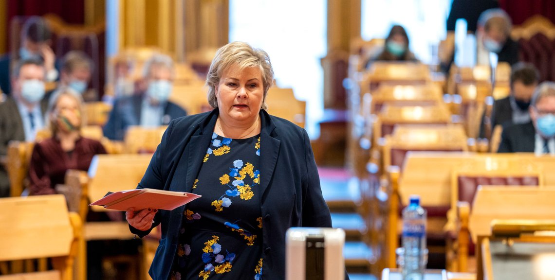Oslo 20201118.
Statsminister Erna Solberg under den muntlige spørretimen på Stortinget onsdag.
Foto: Heiko Junge / NTB Oslo 20201118.
Statsminister Erna Solberg under den muntlige spørretimen på Stortinget onsdag.
Foto: Heiko Junge / NTB
