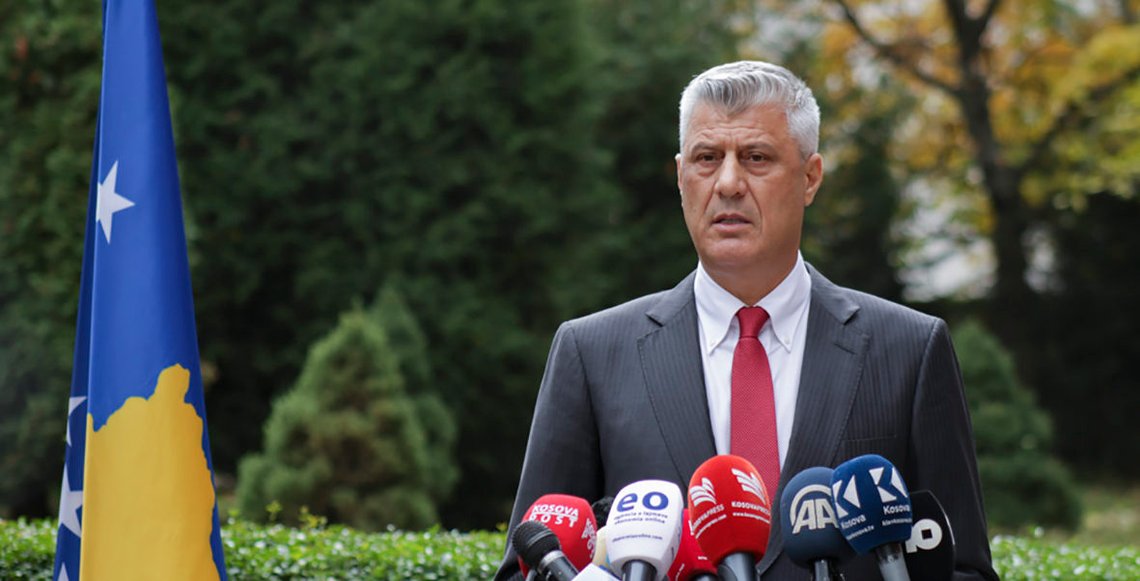 Kosovo president Hashim Thaci addresses the nation as he announced his resignation to face war crimes charges in Kosovo capital Pristina on Thursday, Nov. 5, 2020. Thaci, a guerrilla leader during Kosovos war for independence, has resigned in order to face charges for war crimes and crimes against humanity at a special court based in The Hague. Thaci announced his resignation at a news conference on Thursday. He said he was taking the step to protect the integrity of the presidency of Kosovo. (AP Photo/Visar Kryeziu) Kosovo president Hashim Thaci addresses the nation as he announced his resignation to face war crimes charges in Kosovo capital Pristina on Thursday, Nov. 5, 2020. Thaci, a guerrilla leader during Kosovos war for independence, has resigned in order to face charges for war crimes and crimes against humanity at a special court based in The Hague. Thaci announced his resignation at a news conference on Thursday. He said he was taking the step to protect the integrity of the presidency of Kosovo. (AP Photo/Visar Kryeziu)