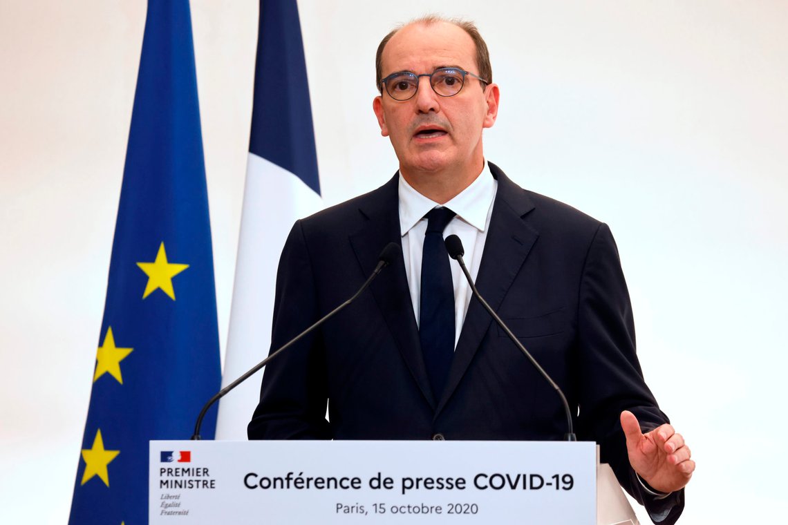 French Prime Minister Jean Castex speaks during a press conference to present the details of new restrictions aimed at curbing the spread of the COVID-19 pandemic, Thursday, Oct.15, 2020, in Paris. French President Emmanuel Macron has announced that millions of French citizens in several regions around the country, including in Paris, will have to respect a 9pm curfew from this Saturday until Dec. 1. It's a new measure aimed at curbing the resurgent coronavirus amid second wave. (Ludovic Marin, Pool via AP) French Prime Minister Jean Castex speaks during a press conference to present the details of new restrictions aimed at curbing the spread of the COVID-19 pandemic, Thursday, Oct.15, 2020, in Paris. French President Emmanuel Macron has announced that millions of French citizens in several regions around the country, including in Paris, will have to respect a 9pm curfew from this Saturday until Dec. 1. It's a new measure aimed at curbing the resurgent coronavirus amid second wave. (Ludovic Marin, Pool via AP)