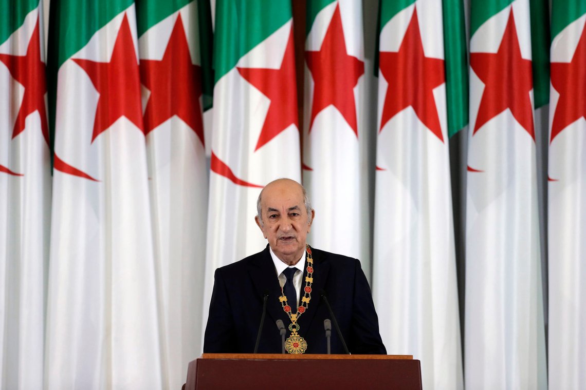 FILE - In this Thursday, Dec. 19, 2019 file photo, Algerian president Abdelmadjid Tebboune delivers a speech during an inauguration ceremony in the presidential palace, in Algiers, Algeria. Tebboune has been transferred to Germany for specialist medical treatment a day after his countrys presidency announced he had been hospitalized but not revealed why. Several senior officials in the 75-year-old presidents entourage developed COVID-19 symptoms on Saturday, Oct. 24, 2020 and the president was placed in what the government called voluntary preventive confinement. (AP Photo/Toufik Doudou, FILE) FILE - In this Thursday, Dec. 19, 2019 file photo, Algerian president Abdelmadjid Tebboune delivers a speech during an inauguration ceremony in the presidential palace, in Algiers, Algeria. Tebboune has been transferred to Germany for specialist medical treatment a day after his countrys presidency announced he had been hospitalized but not revealed why. Several senior officials in the 75-year-old presidents entourage developed COVID-19 symptoms on Saturday, Oct. 24, 2020 and the president was placed in what the government called voluntary preventive confinement. (AP Photo/Toufik Doudou, FILE)