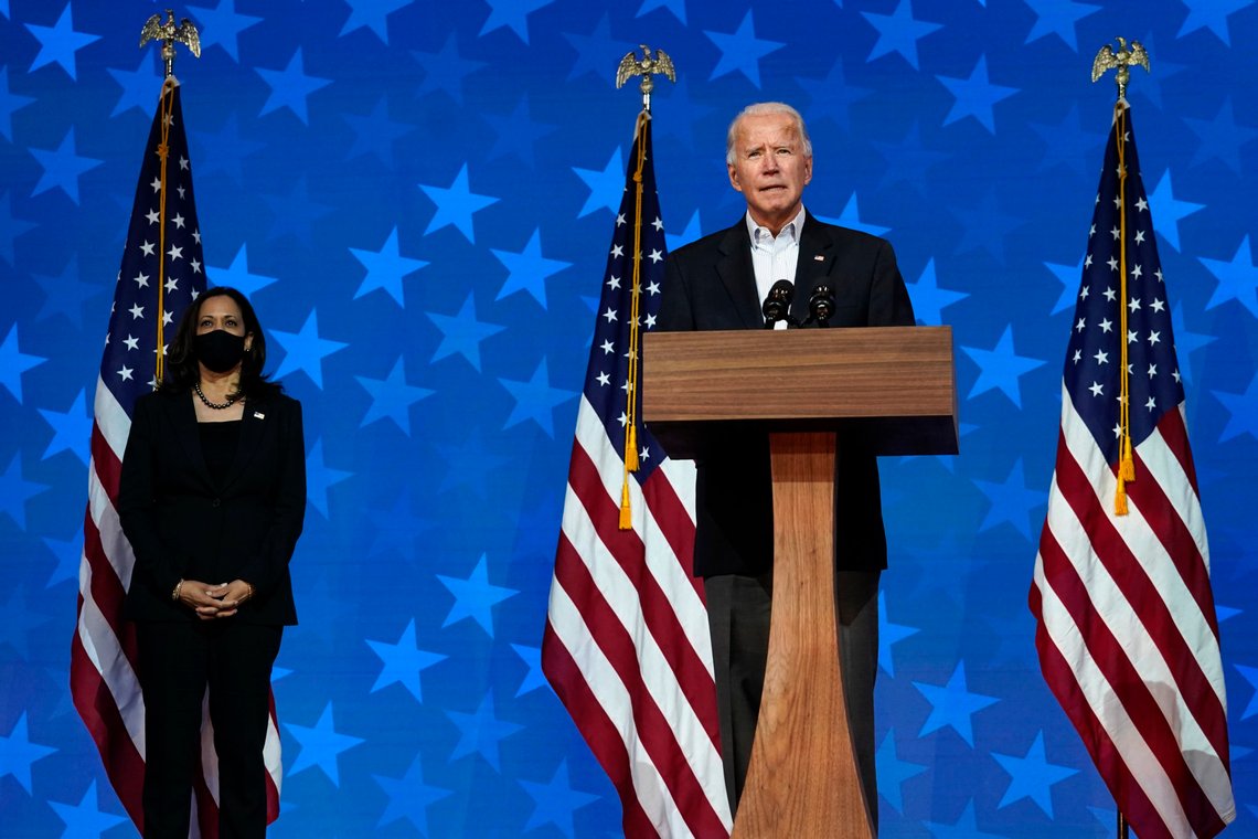 Democratic presidential candidate former Vice President Joe Biden speaks Thursday, Nov. 5, 2020, in Wilmington, Del. Democratic vice presidential candidate Sen. Kamala Harris, D-Calif., stands at left. (AP Photo/Carolyn Kaster) Democratic presidential candidate former Vice President Joe Biden speaks Thursday, Nov. 5, 2020, in Wilmington, Del. Democratic vice presidential candidate Sen. Kamala Harris, D-Calif., stands at left. (AP Photo/Carolyn Kaster)