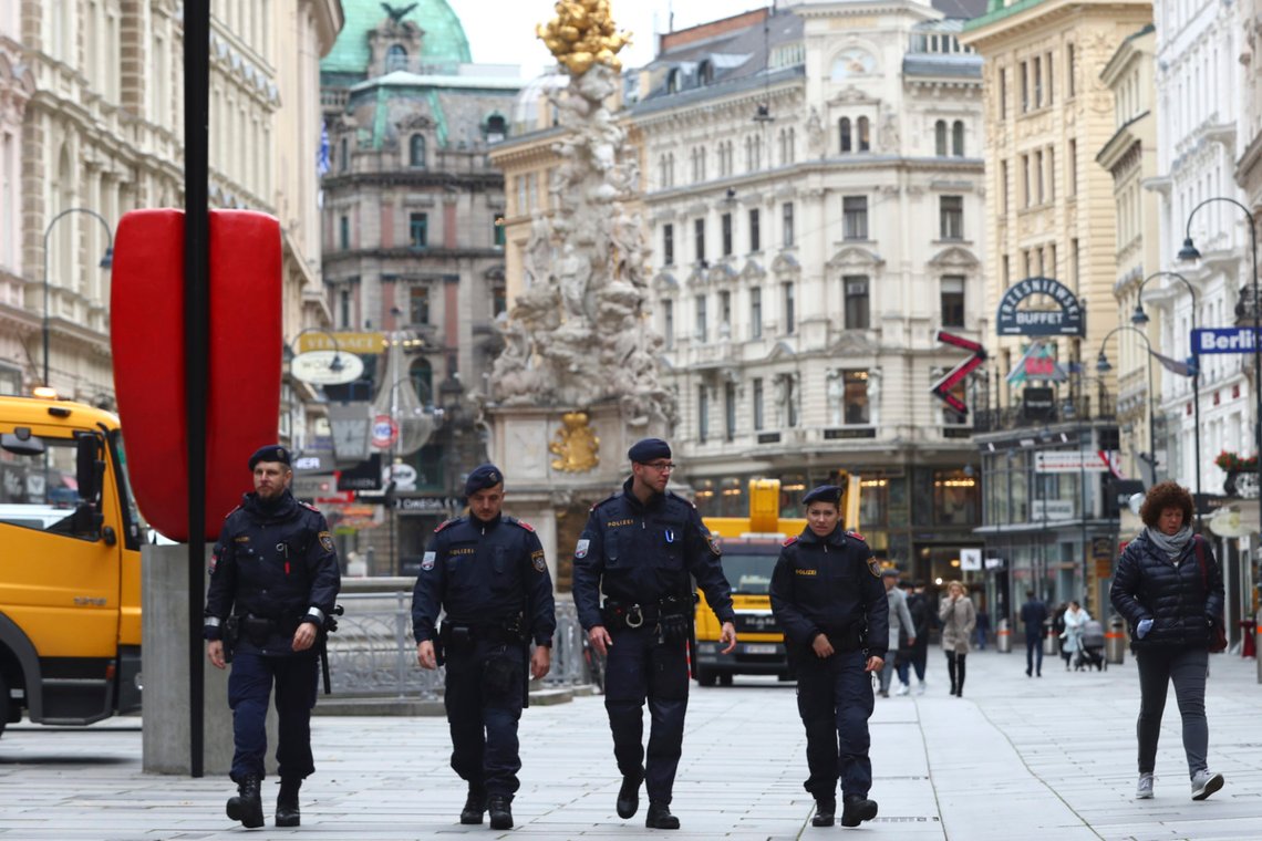 Police officers patrol through the city in Vienna, Austria, Wednesday, Nov. 4, 2020. Several shots were fired shortly after 8 p.m. local time on Monday, Nov. 2, in a lively street in the city center of Vienna. (AP Photo/Matthias Schrader) Police officers patrol through the city in Vienna, Austria, Wednesday, Nov. 4, 2020. Several shots were fired shortly after 8 p.m. local time on Monday, Nov. 2, in a lively street in the city center of Vienna. (AP Photo/Matthias Schrader)