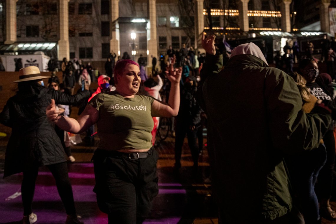 People dance to music as they celebrate Joe Biden's win over Donald Trump in the presidential election, Saturday, Nov. 7, 2020, in Portland, Ore. (AP Photo/Paula Bronstein) People dance to music as they celebrate Joe Biden's win over Donald Trump in the presidential election, Saturday, Nov. 7, 2020, in Portland, Ore. (AP Photo/Paula Bronstein)