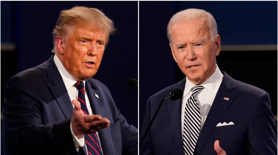 This combination of photos shows President Donald Trump, left, and former Vice President Joe Biden during the first presidential debate at Case Western University and Cleveland Clinic, in Cleveland, Ohio on Sept. 29, 2020. A staggering 97 percent of the jokes Stephen Colbert and Jimmy Fallon told about the candidates in September targeted President Donald Trump, a study released Monday found. That's 455 jokes about Trump, 14 about Democrat Joe Biden, according to the Center for Media and Public Affairs at George Mason University. (AP Photo/Patrick Semansky) This combination of photos shows President Donald Trump, left, and former Vice President Joe Biden during the first presidential debate at Case Western University and Cleveland Clinic, in Cleveland, Ohio on Sept. 29, 2020. A staggering 97 percent of the jokes Stephen Colbert and Jimmy Fallon told about the candidates in September targeted President Donald Trump, a study released Monday found. That's 455 jokes about Trump, 14 about Democrat Joe Biden, according to the Center for Media and Public Affairs at George Mason University. (AP Photo/Patrick Semansky)